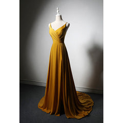 Bridesmaid Dress Fall Wedding, Goleden V-neckline Straps Long Party Dress with Leg Slit, Long Gold Evening Dress Prom Dress