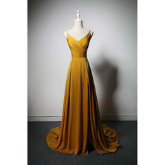 Bridesmaid Dresses On Sale, Goleden V-neckline Straps Long Party Dress with Leg Slit, Long Gold Evening Dress Prom Dress
