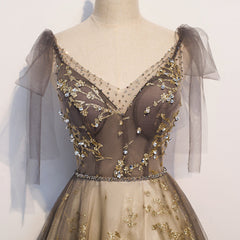 Prom Dresses Pattern, Gorgeous A-line V-neckline Long Party Dress Prom Dress, Lace Evening Dresses