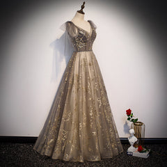 Prom Dresses Patterns, Gorgeous A-line V-neckline Long Party Dress Prom Dress, Lace Evening Dresses