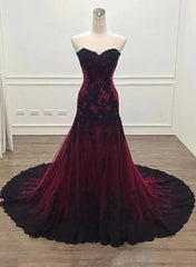 Prom Dress Long Sleeve Ball Gown, Gorgeous Black and Wine Red Mermaid Long Evening Gown Party Dress, Sweetheart Lace Formal Dresses