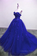 Evening Dresses Stunning, Gorgeous Blue Lace Floral Long Prom Dress, Blue Appliques Formal Evening Dress, Blue Ball Gown