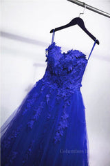 Evening Dresses For Party, Gorgeous Blue Lace Floral Long Prom Dress, Blue Appliques Formal Evening Dress, Blue Ball Gown