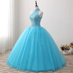 Bridesmaids Dresses Chiffon, Gorgeous Blue Tulle Ball Gown Lace Top Sweet 16 Dress, Blue Quinceanera Dress