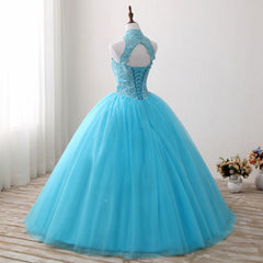 Bridesmaid Dress For Girls, Gorgeous Blue Tulle Ball Gown Lace Top Sweet 16 Dress, Blue Quinceanera Dress