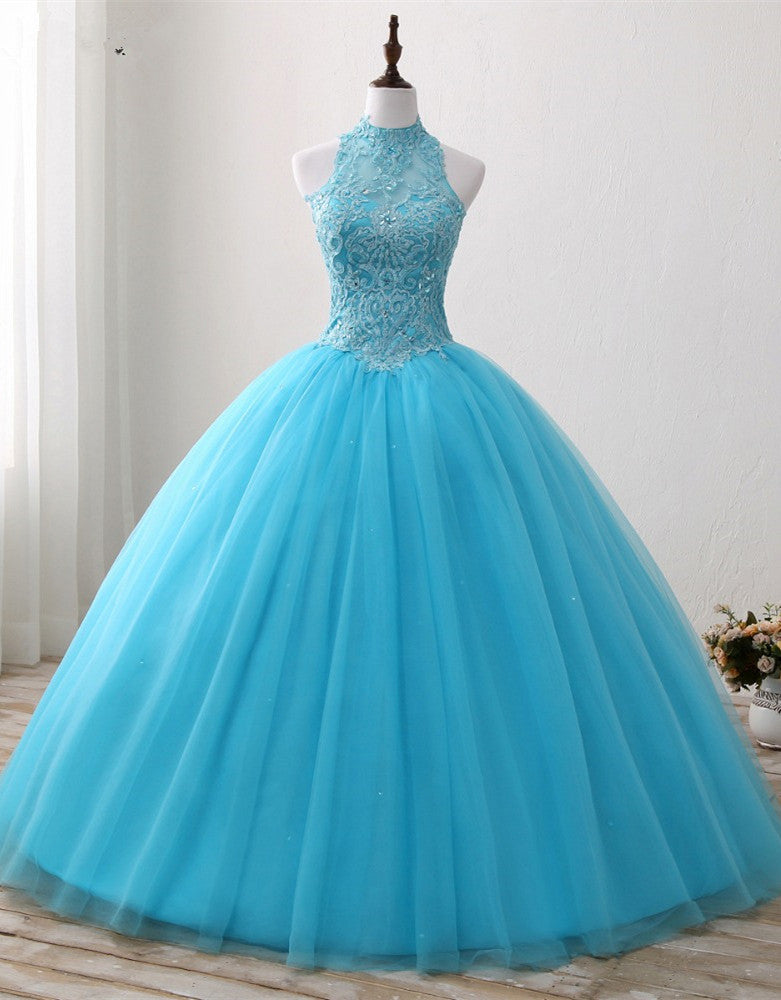 Bridesmaid Dress Chiffon, Gorgeous Blue Tulle Ball Gown Lace Top Sweet 16 Dress, Blue Quinceanera Dress