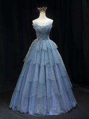 Wedding Dress Petite, Gorgeous Blue Tulle Layers Beaded Long Wedding Party Dresses, Blue Formal Gown