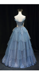 Wedding Dresses Fit, Gorgeous Blue Tulle Layers Beaded Long Wedding Party Dresses, Blue Formal Gown