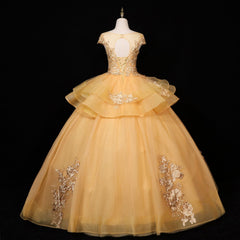 Dress Design, Gorgeous Champagne Ball Gown Sweet 16 Gown with Lace, Flowers Lace Formal Dresses
