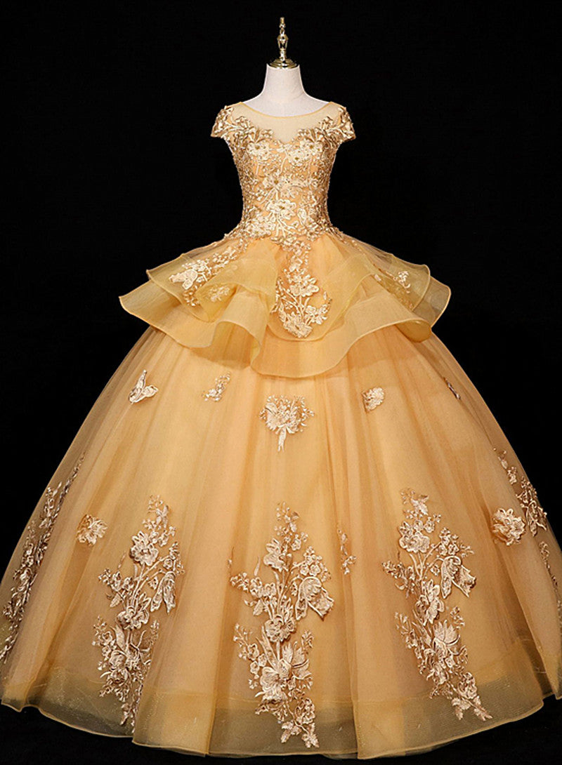 Mafia Dress, Gorgeous Champagne Ball Gown Sweet 16 Gown with Lace, Flowers Lace Formal Dresses