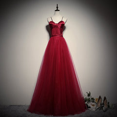 Formal Dress For Weddings, Gorgeous Dark Red Straps Tulle Long Party Dress, A-line Formal Dress