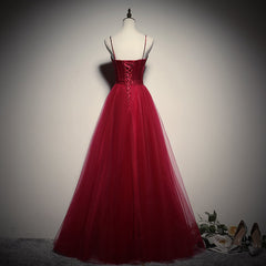 Formal Dresses For Wedding, Gorgeous Dark Red Straps Tulle Long Party Dress, A-line Formal Dress