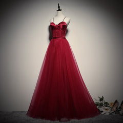 Formal Dress For Wedding, Gorgeous Dark Red Straps Tulle Long Party Dress, A-line Formal Dress