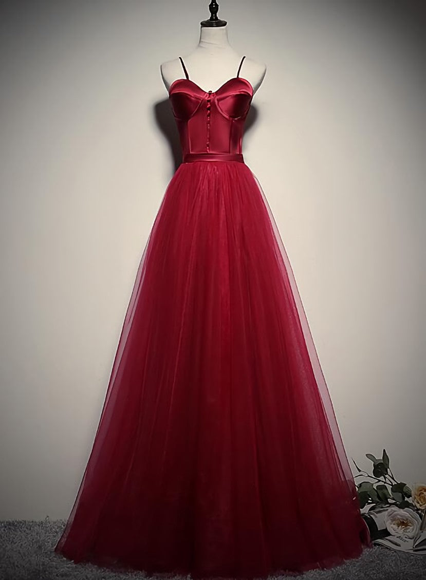 Formal Dresses And Gowns, Gorgeous Dark Red Straps Tulle Long Party Dress, A-line Formal Dress