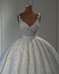 Wedding Dresses A Line, Gorgeous Long Ball Gown Sweetheart Sleeveless Lace Wedding Dress with Ruffles
