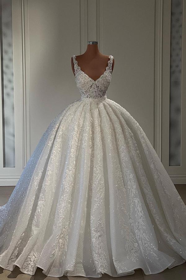 Wedding Dresses Online, Gorgeous Long Ball Gown Sweetheart Sleeveless Lace Wedding Dress with Ruffles