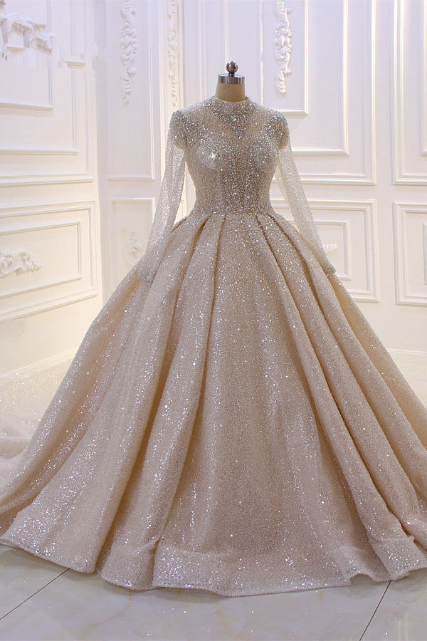 Wedding Dress Near Me, Gorgeous Long High neck Sequin Satin Ball Gown Wedding Dress with Sleeves
