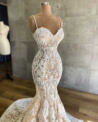 Wedding Dress With Strap, Gorgeous Long Mermaid Sweetheart Spaghetti-straps Lace Wedding Dresses