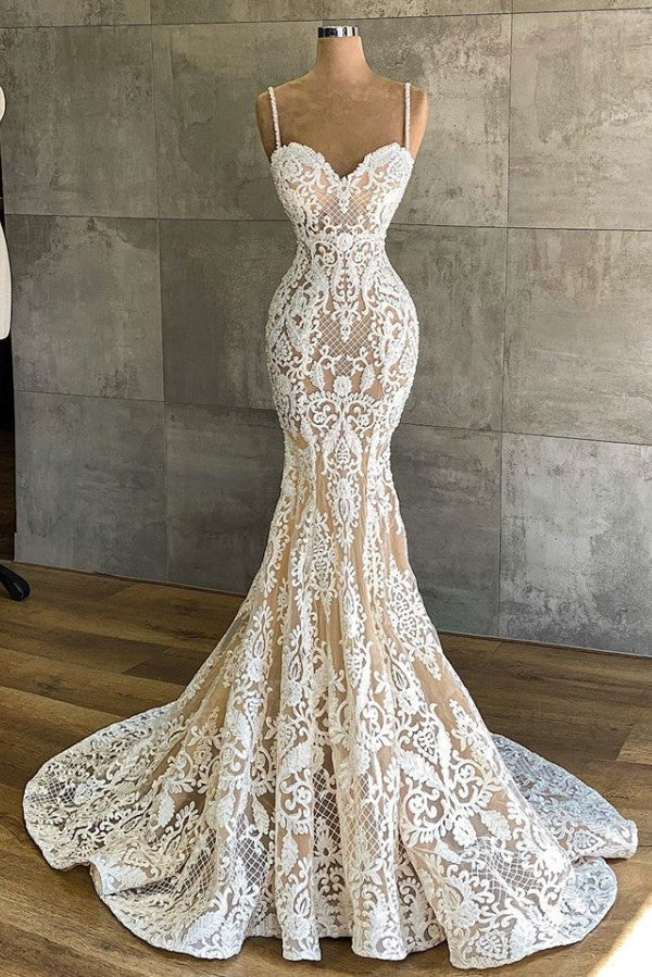 Wedding Dress Bridesmaid, Gorgeous Long Mermaid Sweetheart Spaghetti-straps Lace Wedding Dresses