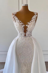 Wedding Dress On A Budget, Gorgeous Long Mermaid V-neck Lace Wedding Dresses with Satin Detachable Train