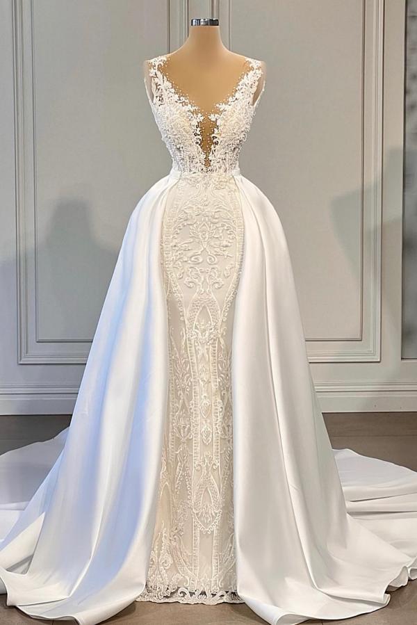 Wedding Dress Princess, Gorgeous Long Mermaid V-neck Lace Wedding Dresses with Satin Detachable Train