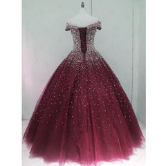 Formal Dress Elegant Classy, Gorgeous Sparkle Burgundy Off Shoulder Sweet 16 Gown, Burgundy Prom Dress