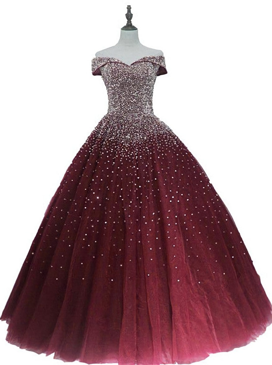 Formal Dresses Elegant Classy, Gorgeous Sparkle Burgundy Off Shoulder Sweet 16 Gown, Burgundy Prom Dress