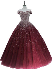 Formal Dresses Elegant Classy, Gorgeous Sparkle Burgundy Off Shoulder Sweet 16 Gown, Burgundy Prom Dress