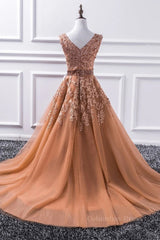Short Dress Style, Gorgeous V Neck Champagne Lace Long Prom Dress, Champagne Lace Formal Graduation Evening Dress