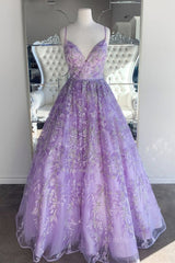 Evening Dresses Long, Gorgeous V Neck Thin Straps Purple Long Prom Dress, V Neck Purple Formal Evening Dress, Purple Ball Gown