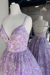 Evening Dresses Online Shopping, Gorgeous V Neck Thin Straps Purple Long Prom Dress, V Neck Purple Formal Evening Dress, Purple Ball Gown