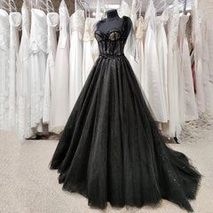 Homecoming Dress 2034, Gothic Tulle Black Party Dress,Prom Evening Dresses,Glitter A-Line Party Dress,Maxi Corset Dress
