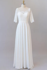 Wedding Dress A Line, Graceful Long A-line Lace Chiffon Wedding Dress with Sleeves