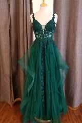 Girl Dress, Hunter Green Flower Straps Deep V Neck Appliques Ruffles Long Prom Dress
