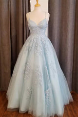 Homecoming Dresses 2034, Light Blue Straps Appliques Tulle A-line Long Prom Dress