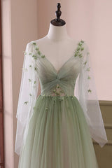 Bridesmaid Dresses Formal, Gradient Tulle Green Long Sleeves Party Dress, Green Evening Formal Dresses