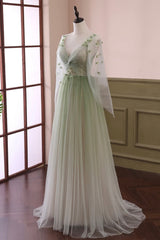 Bridesmaid Dresses Elegant, Gradient Tulle Green Long Sleeves Party Dress, Green Evening Formal Dresses