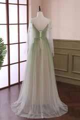 Bridesmaid Dress Colors, Gradient Tulle Green Long Sleeves Party Dress, Green Evening Formal Dresses