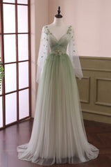 Beach Dress, Gradient Tulle Green Long Sleeves Party Dress, Green Evening Formal Dresses