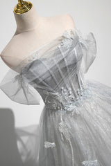 Prom Dresses Patterned, Gray A-Line Off the Shoulder Tulle Prom Dress, Lovely Corset Floor Length Party Dress