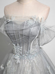 Prom Dress Patterns, Gray A-Line Off the Shoulder Tulle Prom Dress, Lovely Corset Floor Length Party Dress