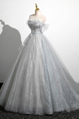 Prom Dresses With Slits, Gray A-Line Off the Shoulder Tulle Prom Dress, Lovely Corset Floor Length Party Dress