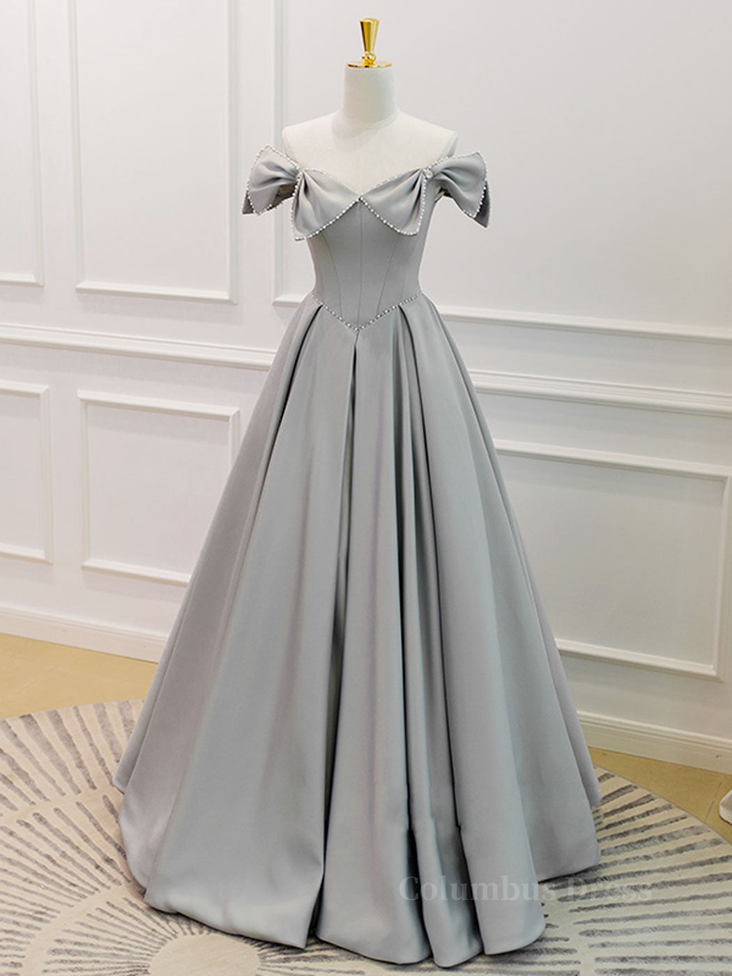 Prom Dresses Long Light Blue, Gray A-Line Satin Long Prom Dress, Gray Formal Evening Dress