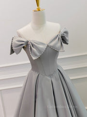 Prom Dresses Light Blue Long, Gray A-Line Satin Long Prom Dress, Gray Formal Evening Dress