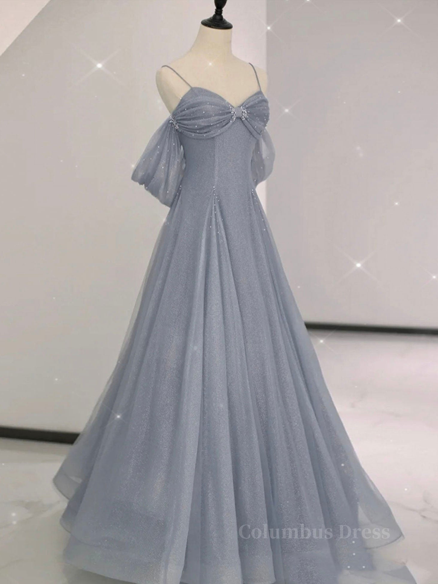 Prom Dress 2021, Gray A line tulle off shoulder prom dress, gray long evening dress