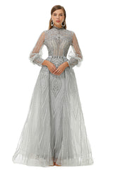 Ethereal Dress, Gray Beaded Mermaid Long sleeves Prom Dresses