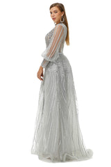 Black Gown, Gray Beaded Mermaid Long sleeves Prom Dresses
