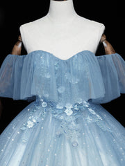 Stylish Outfit, Gray Blue Tulle Off Shoulder Long Prom Dress, Blue Tulle Formal Dresses
