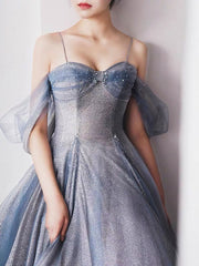 Corset Prom Dress, Gray Blue Tulle Tea Length Prom Dress, Blue A line Formal Dresses