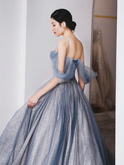 Party Outfit Night, Gray Blue Tulle Tea Length Prom Dress, Blue A line Formal Dresses